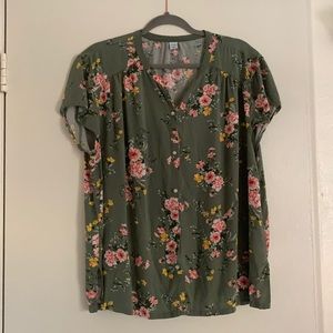 Old Navy Olive Floral Button Yoke Neck Top